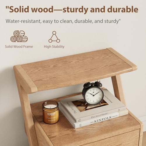 Image of Z-Shaped Solid Wood Nightstand with Drawer,Z Wooden Night Stand with Open Storage,Bed Side Table with Drawer for Bedroom, Modern Mid Century end Table Easy Assembly