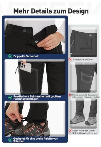 Vzteek Damen-Wanderhose-Thermohose-Skihose-Schneehose-Softshellhose-Wasserdicht Winter Warm Gefüttert Arbeitshosen Regenhose Trekkinghose Outdoor Hosen für Damen Cargohose (Klassisch Schwarz,XS)