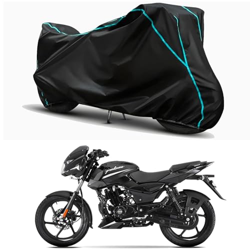 Image of Waterproof Bike Body Cover Compatible for | Bajaj Pulsar 125 Split-Disc | Taffeta Fabric, Sky Piping Design, Bottom Elastic Fit | Dustproof, Sun UV & Rain Protection for All Weather.