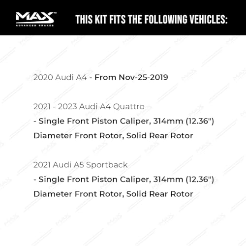 Image of Max Advanced Brakes Front & Rear Brake Kit Compatible With 2020-2023 A4 Quattro A5 Sportback Solid Rear Rotor Replacement Geomet Coated OE Disc Brake Rotors and Ceramic Brake Pads