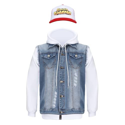 Mens Denim Jacket White Zip-up Hoodie Cap Subway Jake 3PCs Outfit Halloween Cosplay Costume Set (Medium)
