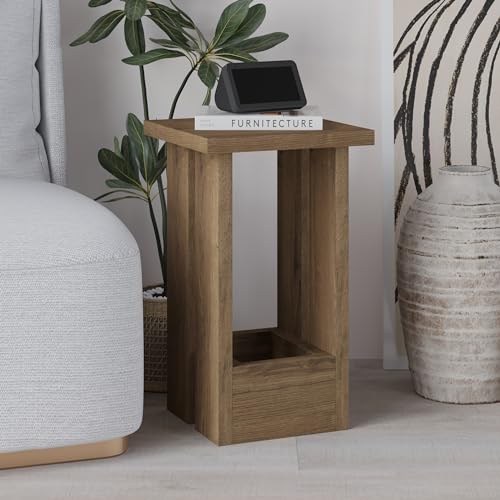 HOCUS PICUS Modern Side Table Slim Square Narrow Table Industrial Coffee, Tray Minimalist Design Engineered Wood Sofa Table for Small Space Living Room Bedroom 30(W)x30(D)x50.5(H)cm (Dark Oak Effect)