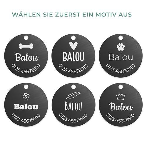 LAUBLUST Personalisierte Hundemarke mit Gravur für Halsband - Rund, Schwarz, Edelstahl | Größen S, M, L - Personalisiertes Geschenk für Hunde, Hundebesitzer mit Name als Hundezubehör, inkl Geschenkbox
