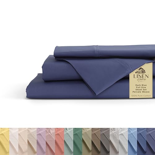 Image of Linen Home 100% Cotton Percale Sheets Full Size, Dark Blue, Deep Pocket, 4 Pieces Set - 1 Flat, 1 Deep Pocket Fitted Sheet and 2 Pillowcases, Crisp Cool and Strong Bed Linen