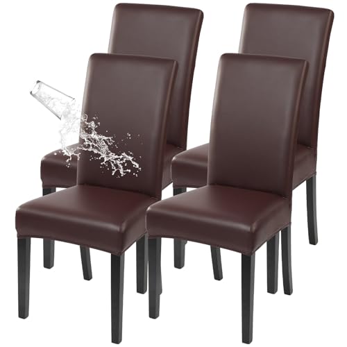 Image of SearchI Waterproof PU Leather Dining Chair Covers Stretch, Set of 4, Brown | Oilproof, Parsons Chair Slipcovers, Removable Washable, Kitchen Chair Protector for Dining Room, Hotel, Banquet, Ceremony