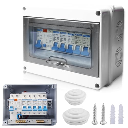 Sicherungskasten Aufputz, Aufputz Verteiler Kleinverteiler, IP65 Wasserdicht Verteilerkasten, Leistungsschalter 63A, Luftschalter AC Trennschalter 2x10A+16A+20A+32A für Zuhause/Büro