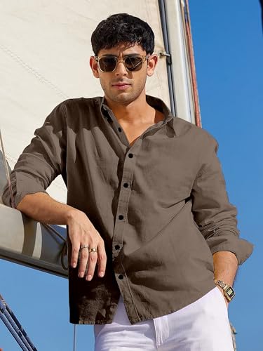 Image of Men's Linen Cotton Casual Shirt | Regular Fit Plain Shirt for Men | Long Sleeve Shirt for Casual & Formal Wear