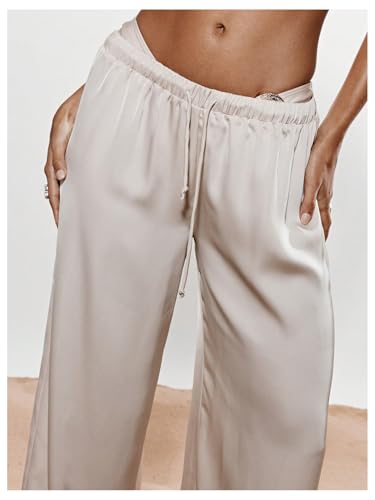 GORGLITTER Women's Y2k Wide Leg Baggy Palazzo Pants Drawstring Waist Loose Trousers Satin Loungewear4