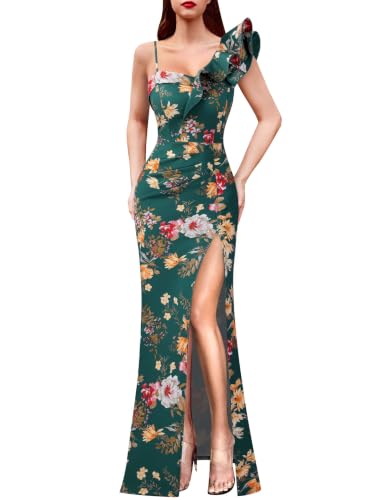Image of VFSHOW Womens Ruffle One Shoulder Formal Prom Gala Maxi Dress Evening Gown | V Neck, Bodycon, Sexy High Slit, Long Cocktail Wedding Guest Dresses, Party, Bridesmaid