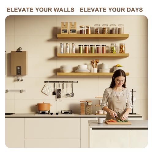 Image of 36-Inch Floating Shelves, Set of 3 Wall Mounted Storage Ledges, 12-Inch Deep Extra-Thick Solid Paulownia Wood Shelving for Kitchen, Living Room, Bedroom & Bathroom, Natural Clear Finish