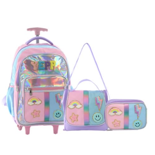 Kit Mochila Holográfica 18” Escolar Juvenil 2 Rodas Feminino Passeio Escolar Metalizado Com Lancheira Térmica E Estojo (ROSA)