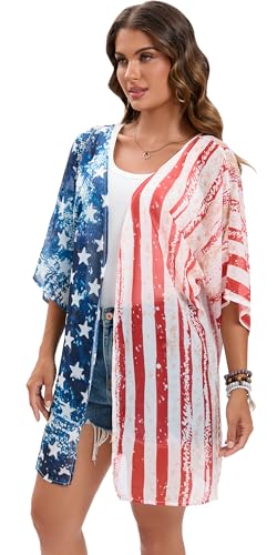 Image of DDSOL Women's American Flag Kimono Cover up Beachwear Cardigan Loose Tops Shirt Blouse