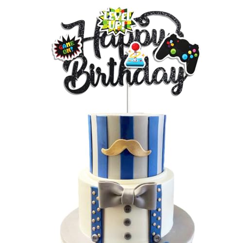 Oarkive FDF4RE Happy Birthday Video Game Cake Topper Glitter Black Gamer Cake Topper Gaming Cake Topper Video Game Controller Party Supplies cover