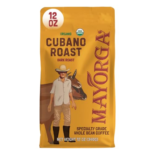 Mayorga Organic Coffee 12oz Cafe Cubano Roast - Dark Roast Whole Bean Coffee Specialty Grade, 100% Arabica, Slow Roasted, Bold and Smooth Flavor with Low Acidity - USDA Organic, Non-GMO, Kosher,