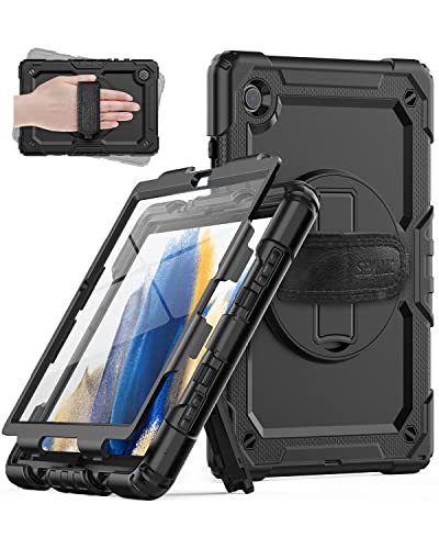Seymac Samsung Galaxy Tab A8 Case 10.5 Inch (Sm-X200/ X205/ X207), Heavy Duty Full-Body Shockproof Protective Case With Screen Protector, Rotating Stand, Hand/Shoulder Strap And Pencil Holder, Black #TOP4