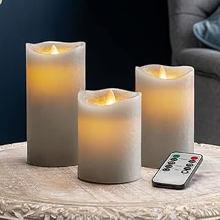 Christow LED Candles, Flickering Flameless Battery Pillar Lights, Real Wax, Warm White Glow, Remote Control with Timer & Brightness Function, Grey