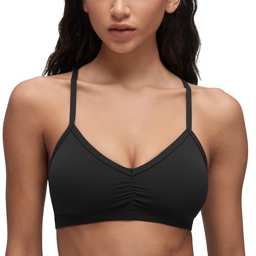 CRZ YOGA Butterluxe Womens Ruched V Neck Sports Bra - Y Back Spaghetti Thin Strap Wireless Padded Yoga Crop Top