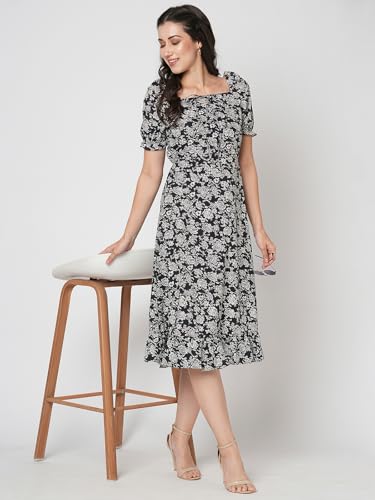 Selvia Western Dress For Women|Crepe Dress For Women|Fit & Flare Dress|Floral Printed Dress For Women|One Piece Dress For Women (737Dtk8001N-Xl_Black & White)