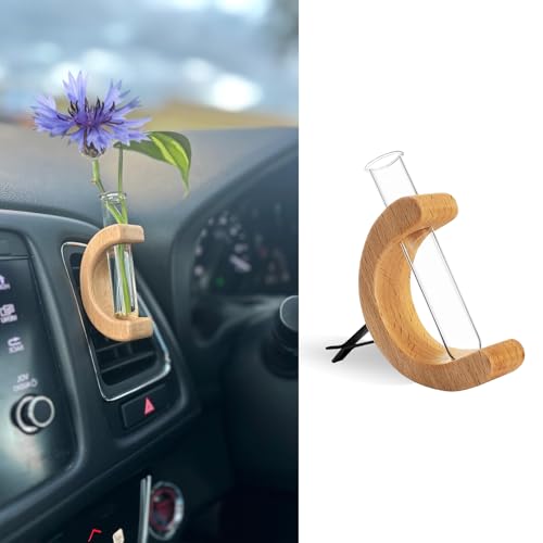 Image of Little Glass Flower Vase Air Vent Clip, Car Flower Vent Clip, Cars Vase Vent Clip Plant Holder, Universal Auto Interior Wooden Ornament Decoration Accessories for Women (Hickory)
