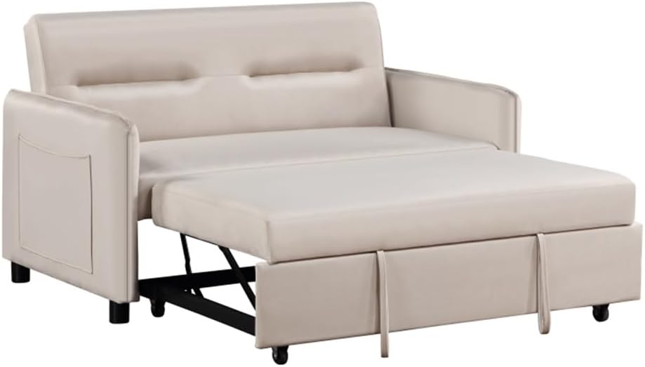 Beige 57'' Upholstered Sleeper Sofa 2 Seat Sofabed Easy to Assemble for Indoor Living Room Furniture