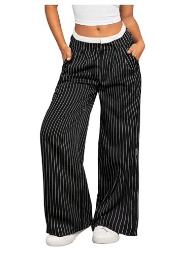 MakeMeChic Women's Striped Pants Wide Leg Straight Suit Trousers with Pocket
