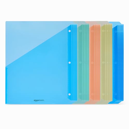 Amazon Basics Binder Organizer Plastic Document Folders File Jacket 3-Hole Punch 9.3 x 11.2 inches Assorted Colors 25-Pack