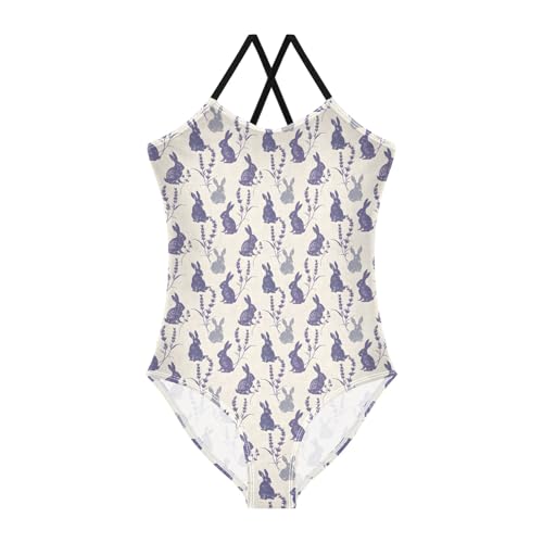 senya Girls Swimsuits One-Piece Swimwear Tie Bathing Suit Beach Summer Round Neck 5-6T Purple Rabbit Pattern