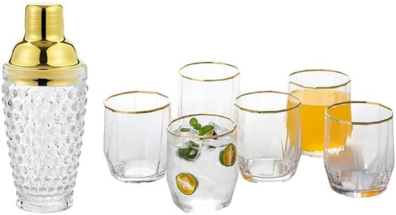 2,732.0 F TABLETOP Coctelera de cristal con colador, 13 onzas y vasos de beber con borde dorado, juego de 6, 14 onzas,