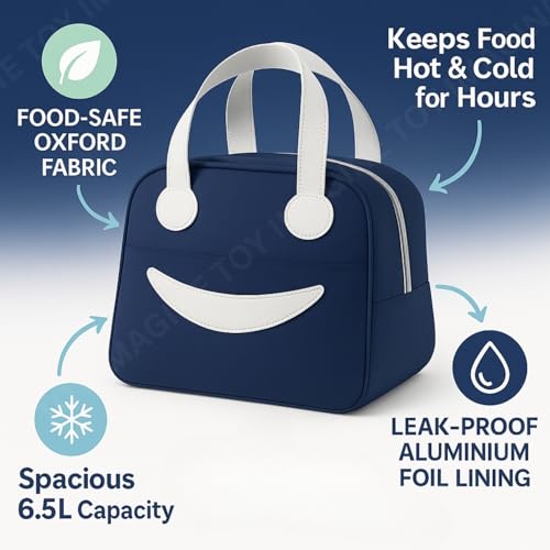 Image of Toy Imagine Smiley Insulated Lunch Bag for Kids & Office | Tiffin Bag for School Boys & Girls | Snack Tote Bag for Women | Compact & Portable Leak-Proof 6.5L (Assorted)