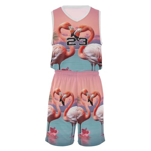 FLildon Loving Flamingos Boys Basketball Jersey Set Tank Top Shorts Tracksuit Sport Training Suit for Kids, L