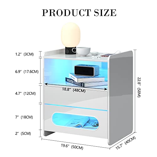 Dnbss Nightstand With Wireless Charging Station And Led Lights, Modern Bedside Table With Jewelry Storage Drawers, Smart Night Stand For Bedroom Auto-On Light, Large Side End Table (1 Pc, White) #TOP1