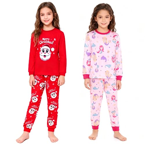 ELUTONG Girls' Christmas Pyjamas，2-Piece Kid's Soft Long-Sleeved Christmas Nightwear Featuring Santa Claus and Mermaid for Girls 6T