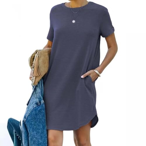 Tshirt Kleider Damen Knielang - Sommerkleid Damen Kurz Sweatkleid Rundhalsausschnitt Kurzarm Shirtkleid Baumwolle Einfarbig Bequeme Ballkleid...