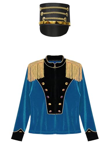 Kids Boys Girls Marching Band Uniform Tassels Velvet Circus Ringmaster Jacket with Knight Band Hat3