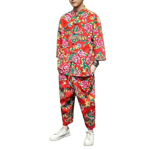 Hanfu homme style chinois floral d'été à sept manches, ensemble traditionnel décontracté