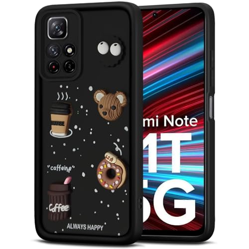Image of TheGiftKart Back Cover Case for Redmi Note 11T 5G / Poco M4 Pro 5G | Cute Fun Cartoon 3D Bear Coffee Case | Full Camera Protection | Shockproof Cover for Redmi Note 11T / Poco M4 Pro (Silicone, Black)