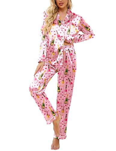 Image of Ekouaer Womens Satin Pajama Set Classic Pattern Silky Pj Sets Button Down Sleepwear Loungewear