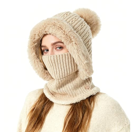 TAGVO Hiver Chaud Tricoté Bonnet Et Ensembles De Cache-Cou, Balaclava Chapeau Bonnet Tricoté Flexible Avec Boule De Poils, Cagoule Tricoté Femme pour Les Sports De...