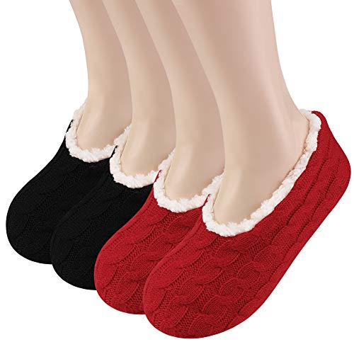 2 Pairs Womens Slippers Socks with Grippers, Non slip Winter Fluffy Fuzzy Slipper socks for women