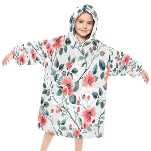 Pardick Wearable Blanket Hoodie for Kids, Watercolor Flowers Fleece Sweatshirt Blanket Oversized Blanket Sweatshirt with Pocket Flannel Warm Hooded Blanket 6-10 Year Old Girl Boy Gift, One Size