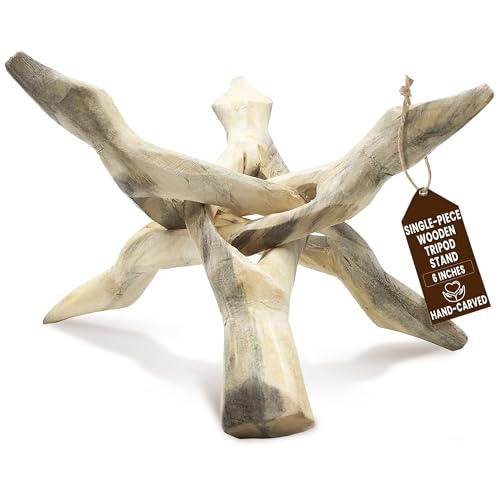 Alternative Imagination Wooden Tripod Display Stand - 6-Inch Hand Carved Holder Made from Mango Wood -Folding Natural Stand for Abalone Shell Crystal Ball Key Bowl Trinket Dish Incense Decor & More