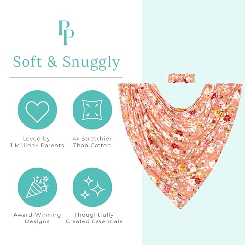 Image of Posh Peanut Swaddle Blanket & Headband Set - Viscose from Bamboo Stretchy Baby Swaddle for Newborn Girls, Receiving Blanket or Nursing Cover