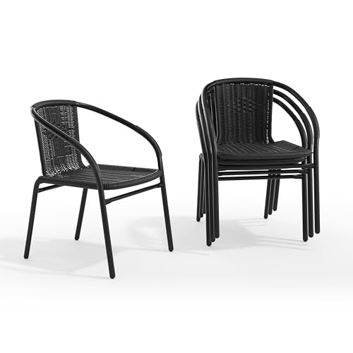 Image of EMMA + OLIVER Set of 4 Modern PE Rattan Stack Chairs, Indoor /Outdoor Patio Dining Chairs, No Assembly Required, Black