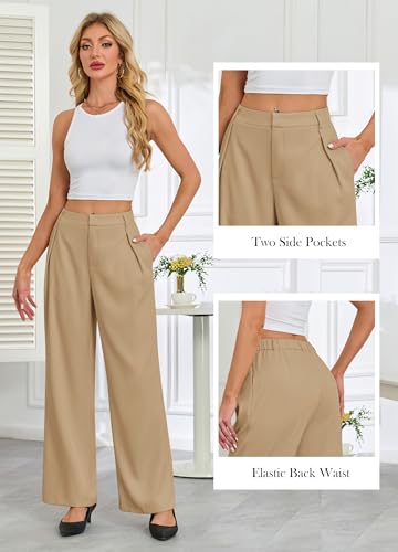 Gracyoga Wide Leg Business Dress Pants Lounge Suit Pants High Waisted Straight Leg Pants Summer Trendy Work Trousers with Pockets Khaki M3