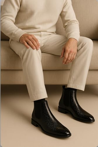 Image of Men's Leather Chelsea Boots | Ankle Boots with Textured Finish Formal & Smart Casual Boots | Comfortable Fit, Trendy, Stylish Boots | Leather Boots for Office /Fashionable