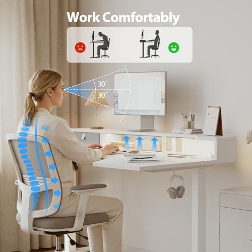 Image of Agilestic 63 Inch L Shaped Electric Standing Desk with Shelf, Height Adjustable Large Desk with Power Outlet & LED, Corner Sit Stand Up Table with Monitor Stand, Computer Workstation, White