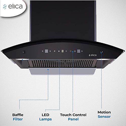 Image of Elica 60 cm 1200 m3 /hr Filterless Auto Clean Chimney with Free Installation Kit (WDFL 608 HAC MS NERO, Motion Sensor Control, Black)