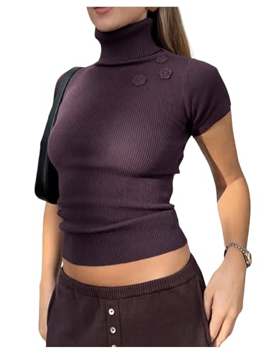 MakeMeChic Women's Turtleneck Short Sleeve Sweater Knit Fitted Knit Sweater Top