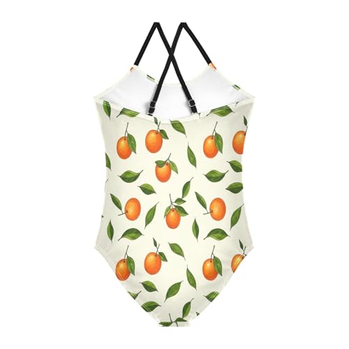 One Piece Swimsuit Toddler, Summer Beach Swimsuit Girls 3-10 Y, Oranges Green Leaves Cream2