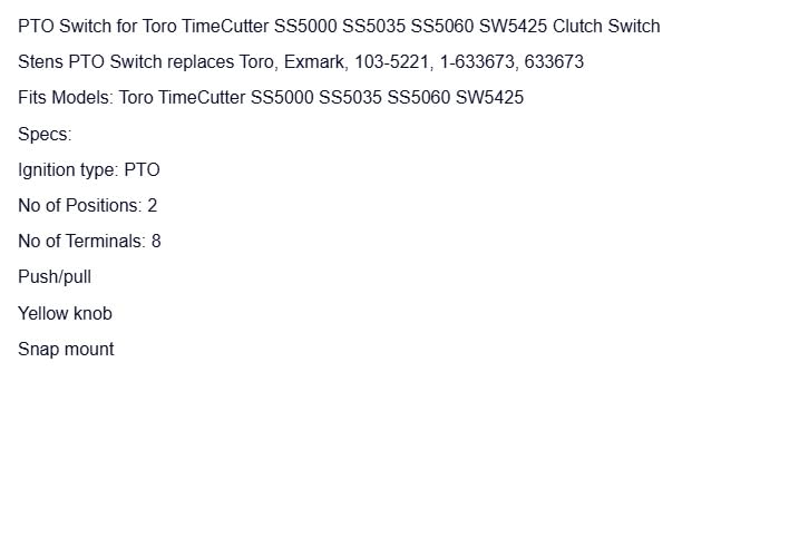 Replacement for Toro Switch for SS5000 SS5035 SS5060 SW5425 Clutch Switch OEM